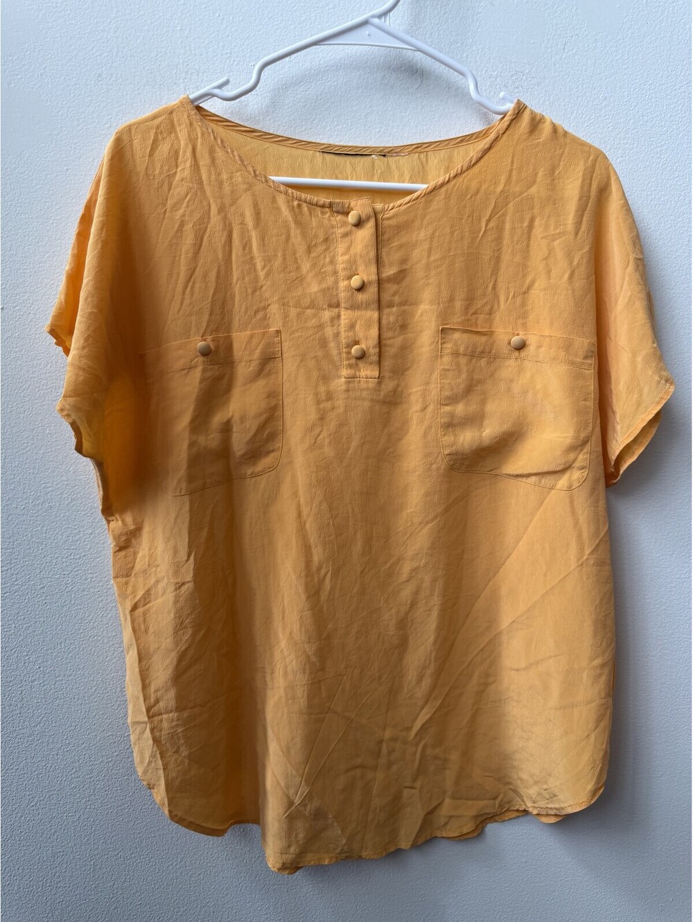 Marigold Silk-Blend Crinkle Henley Top Chest Pockets Oversized Boho